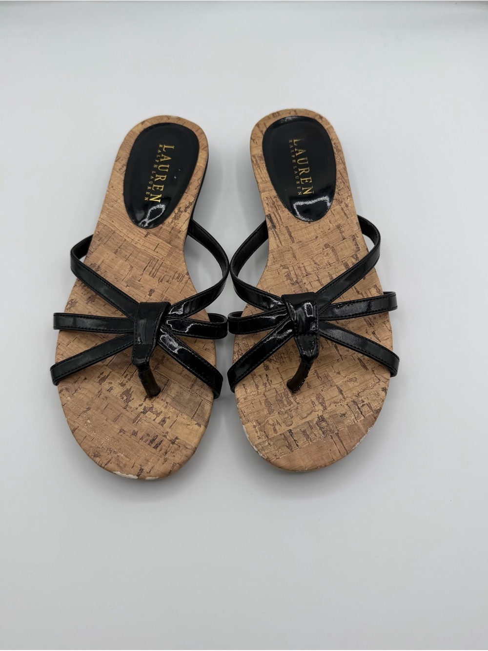 Ralph Lauren Black Patent Cork-Print Slide Sandals